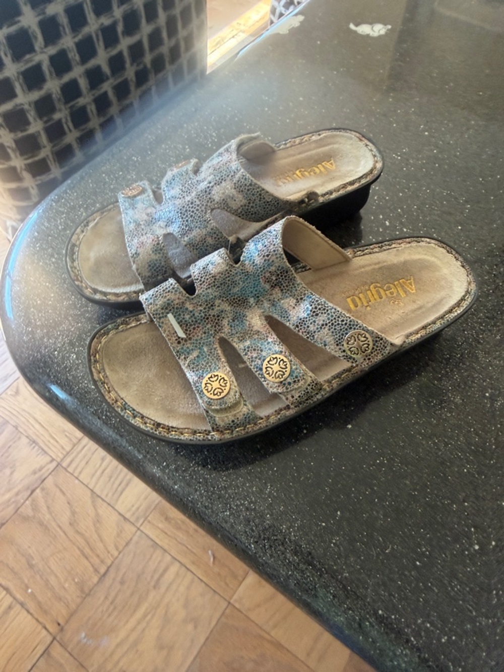 Alegria Women's Metallic Multi-Pattern Triple-Strap Slide Sandals - Picture 2 of 3